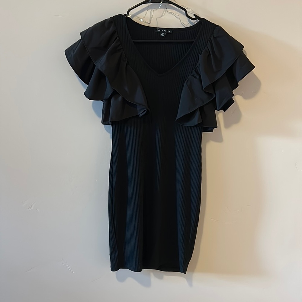 Ribbed butterfly sleeve black dress